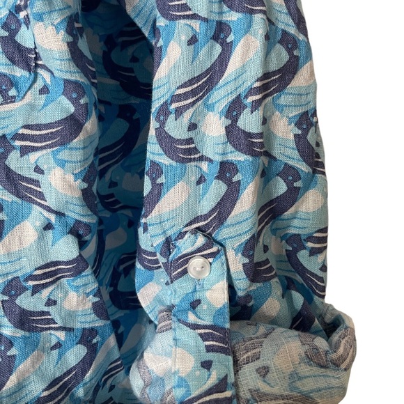 Charter Club Luxury Linen Geometric Bird Print Button Down Shirt Blue White M - Picture 2 of 7
